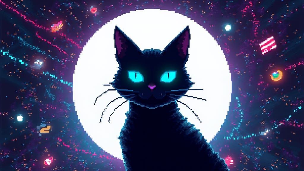 Cyber Cat in Pixel Art Home