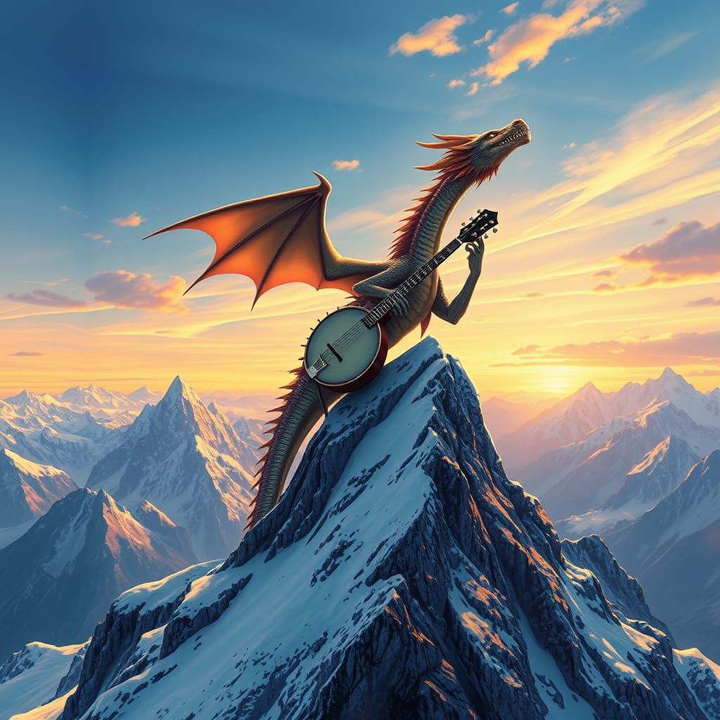 Dragon Plays Banjo on Snowy Mountain: Fantasy Art