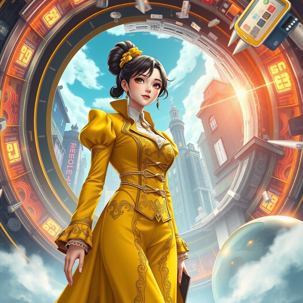 Victorian Woman's Time Portal Journey in Anime Style