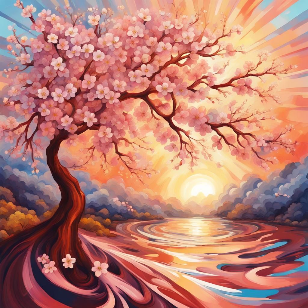 Cherry Blossoms at Sunset in Gouache and Watercolor