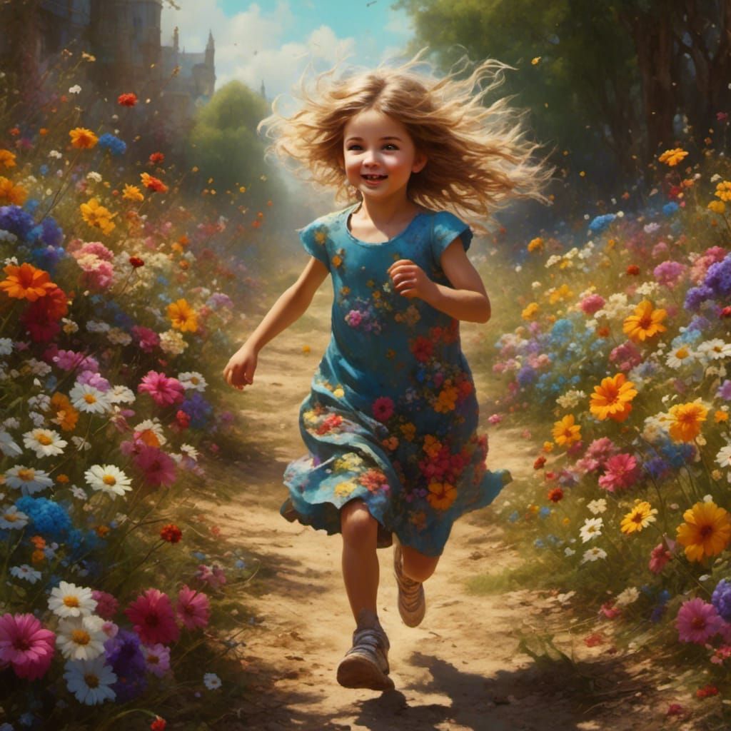 Girl Running with Flowers in Hair
