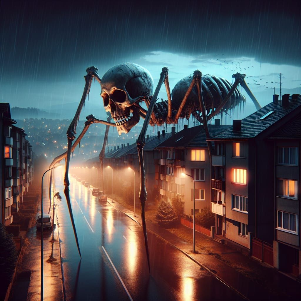 Eerie Spider Skeleton Over Urban Nightscape
