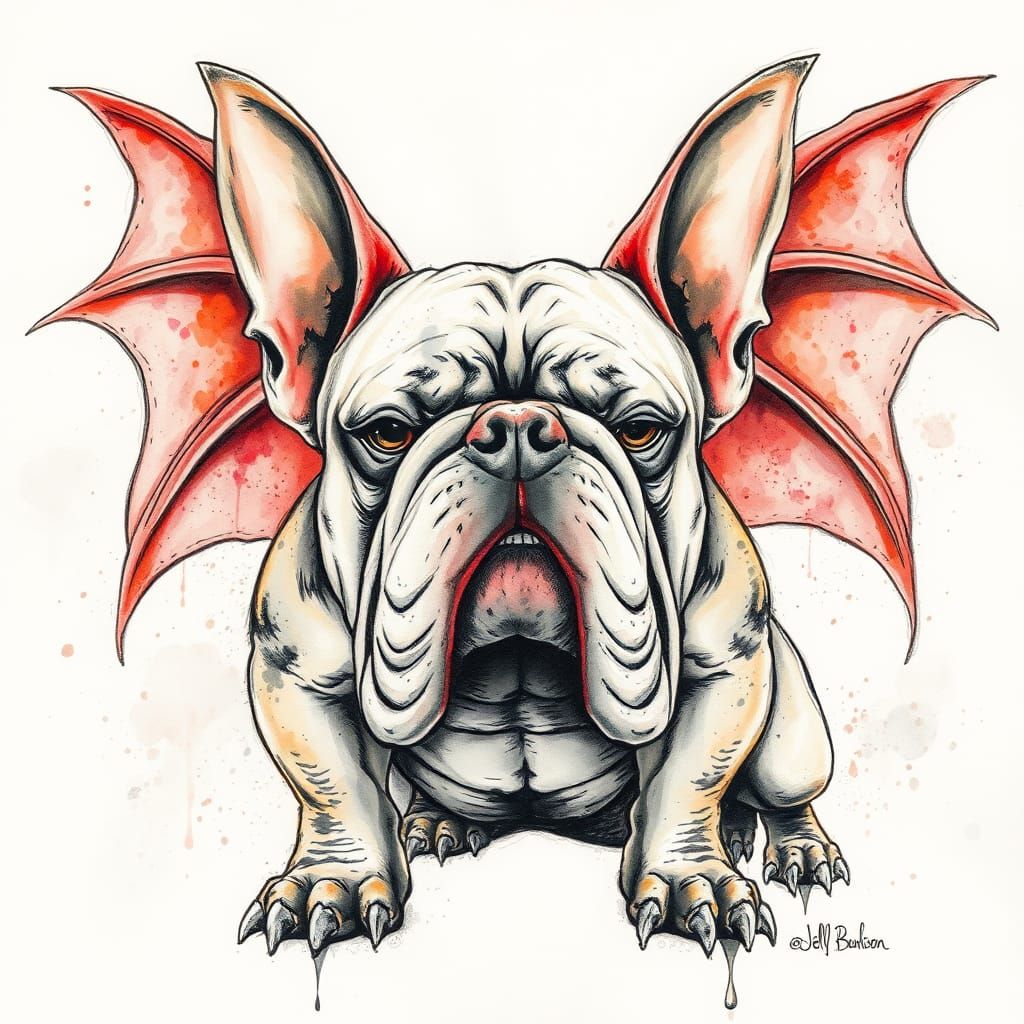 Grungy Bulldog Dragon with Pastel Wings Watercolor