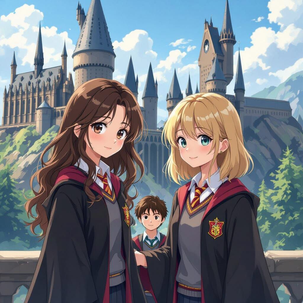 Hogwarts Friendship Scene in Anime Style