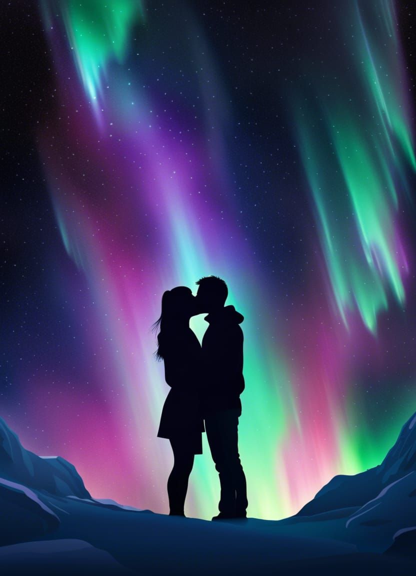 Kissing Silhouettes Under Northern Lights in Winter