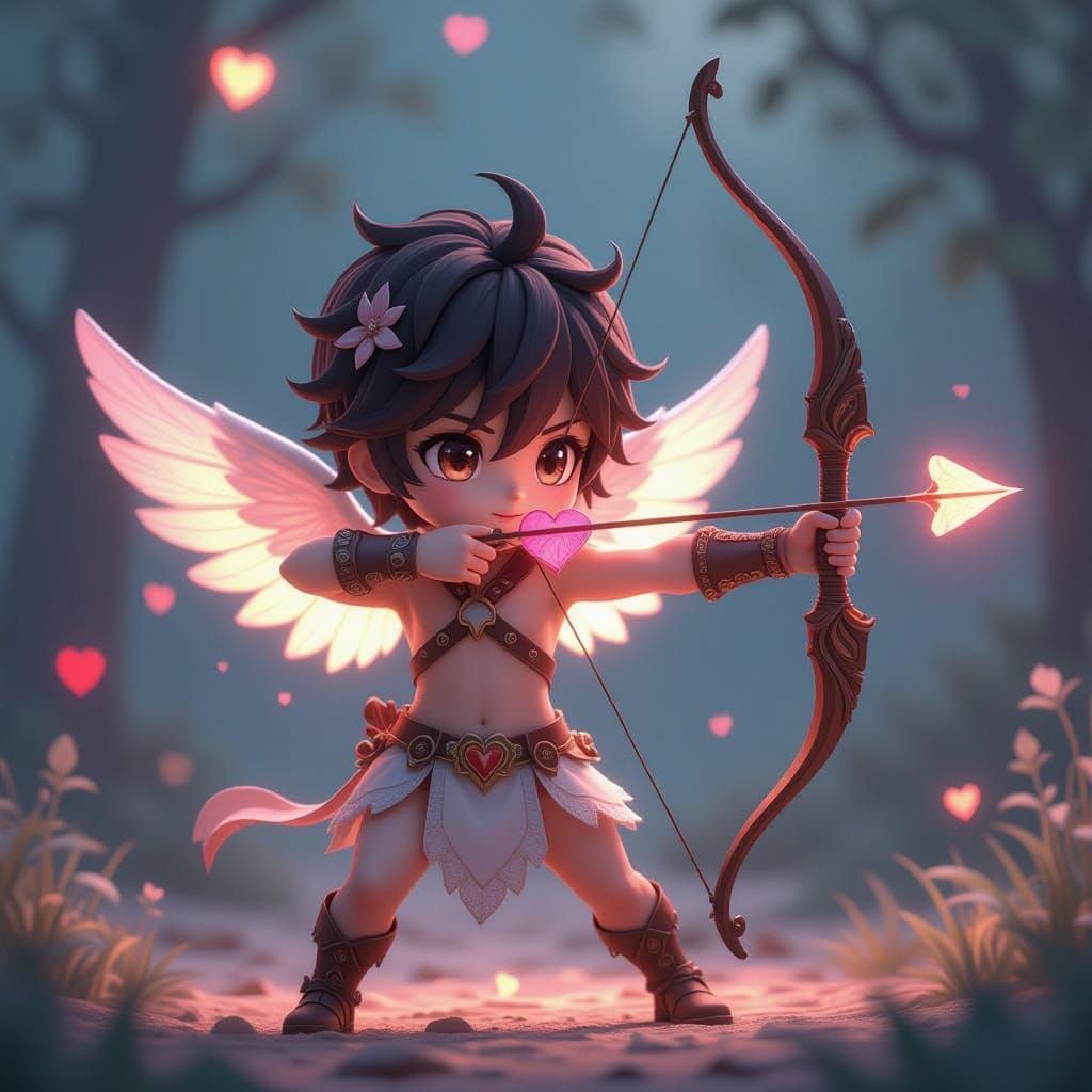 Cherubic Cupid Boy with Heart Bow 3D Anime Render