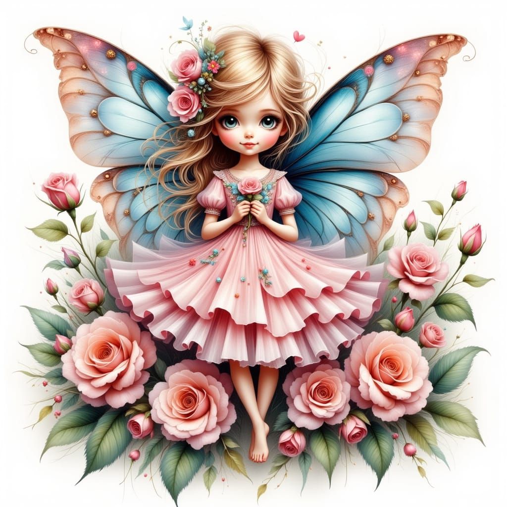 Baby Fairy Tends Roses in Pastel Watercolour Style