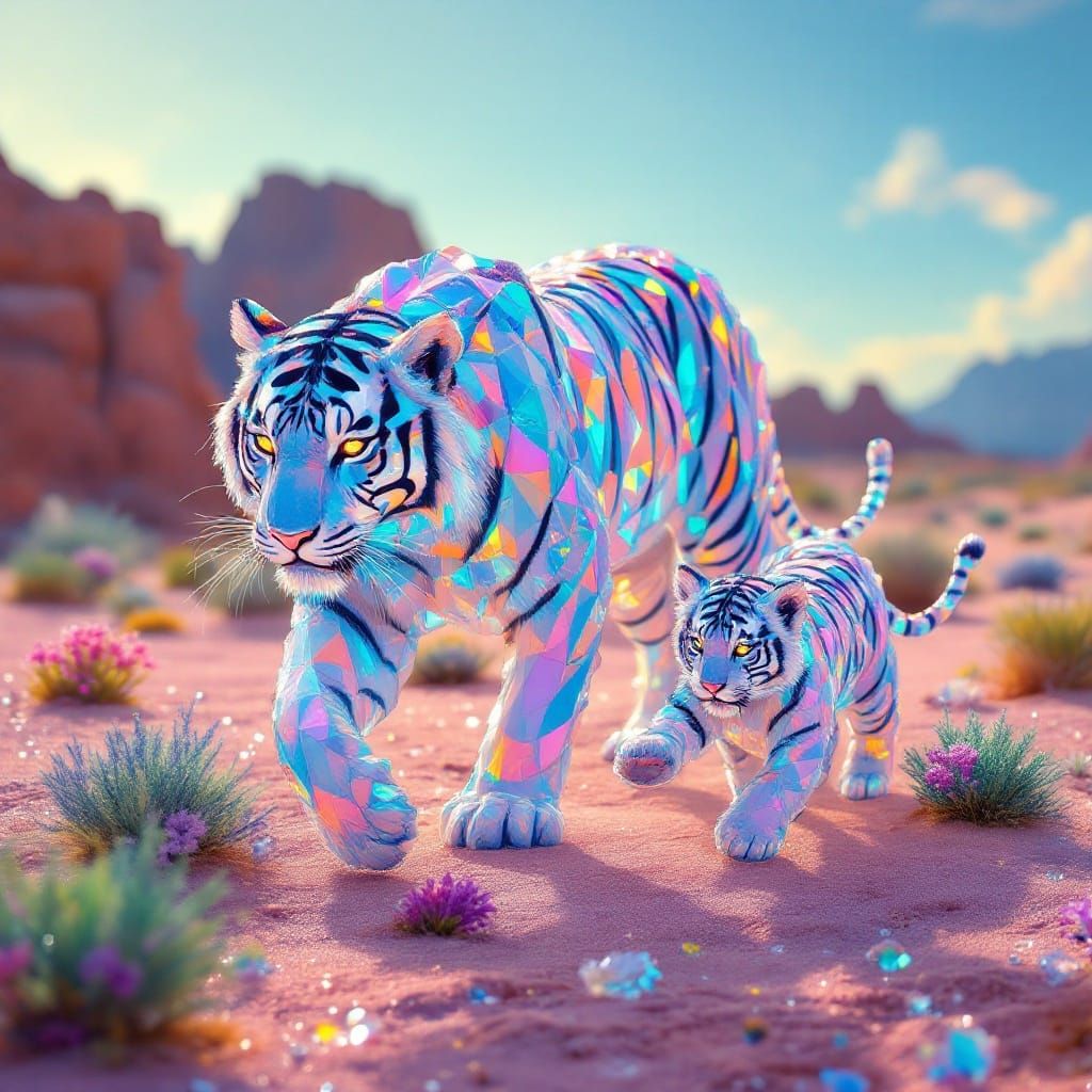 Crystal Tiger Mother and Cub Stroll Across a Rainbow Desert