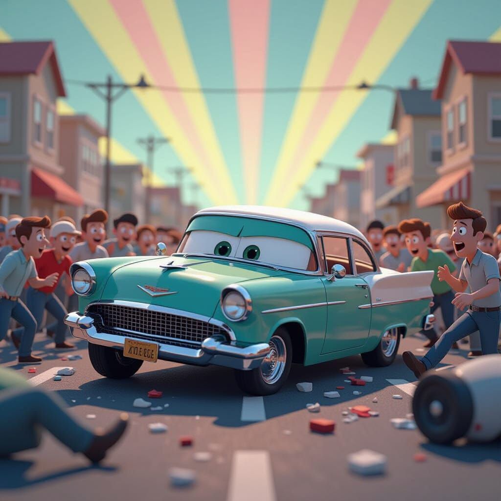 Chaotic Cartoon Car Crash in Harsh Lighting