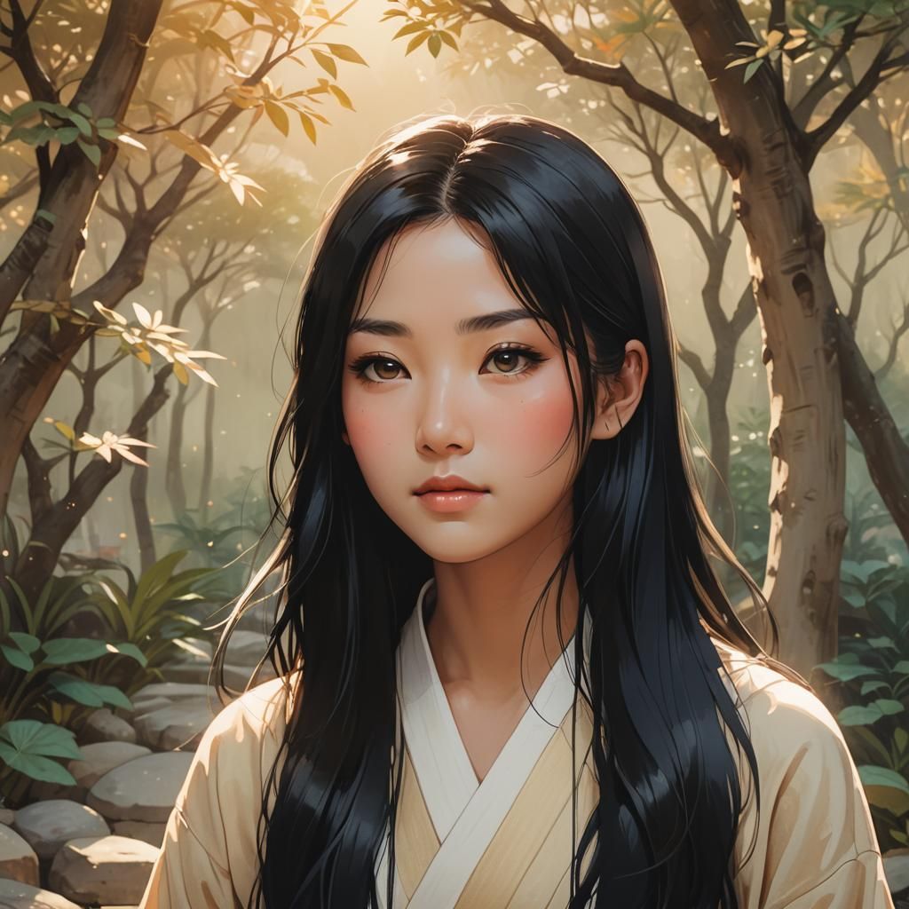 Serene Asian Girl in Zen Garden: Anime Portrait