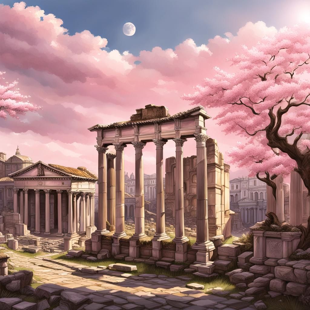 View of the Roman Forum, Portico Dii Consentes, in a beautiful pale pink light.