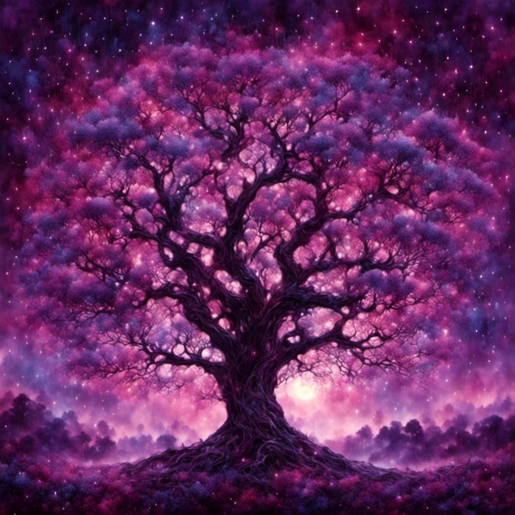 Sacred Trees Under Starry Night Sky in Liquid Ink