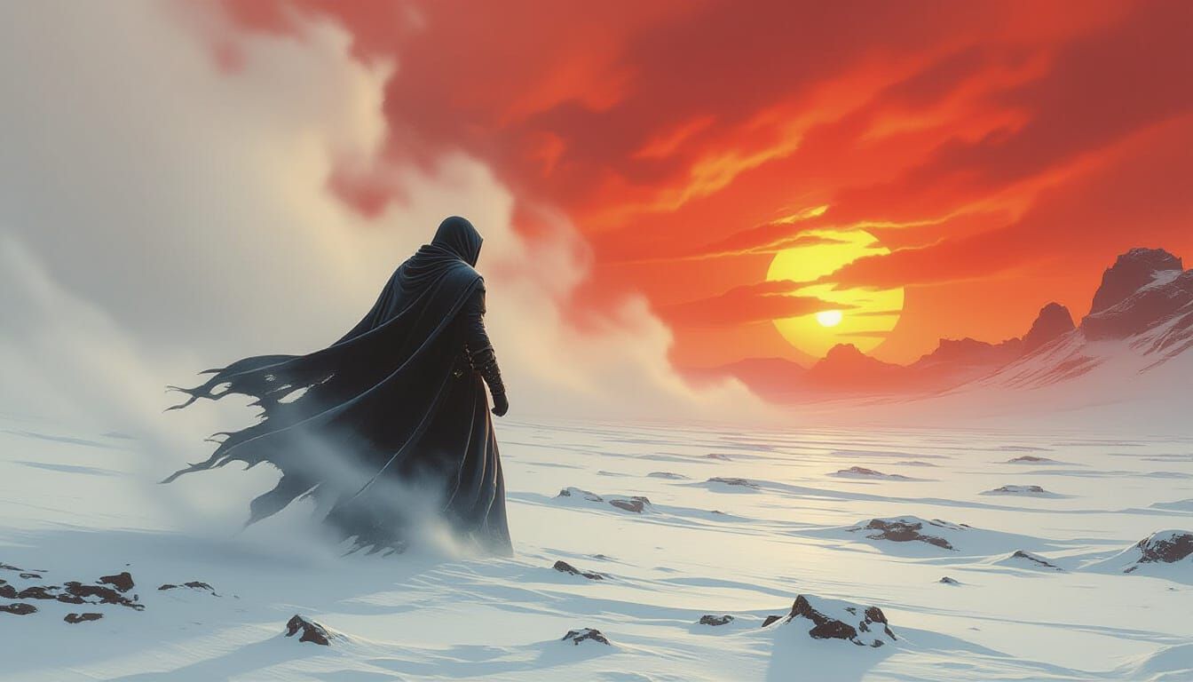 Figure in Snowscape vs. Fiery Hellscape, Dark Surreal Art