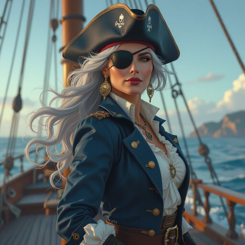 Confident Pirate Captain at Sunset in Digital Painting Style