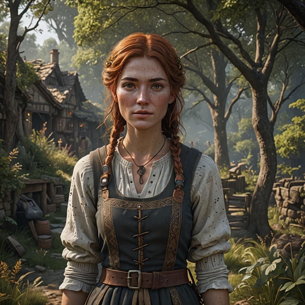 Freckled Peasant Girl and Hunters: Detailed Matte Painting