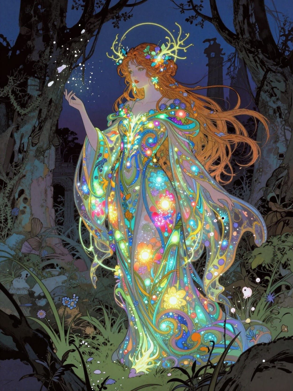 Ethereal Sorceress Casting Spell Over Ruin