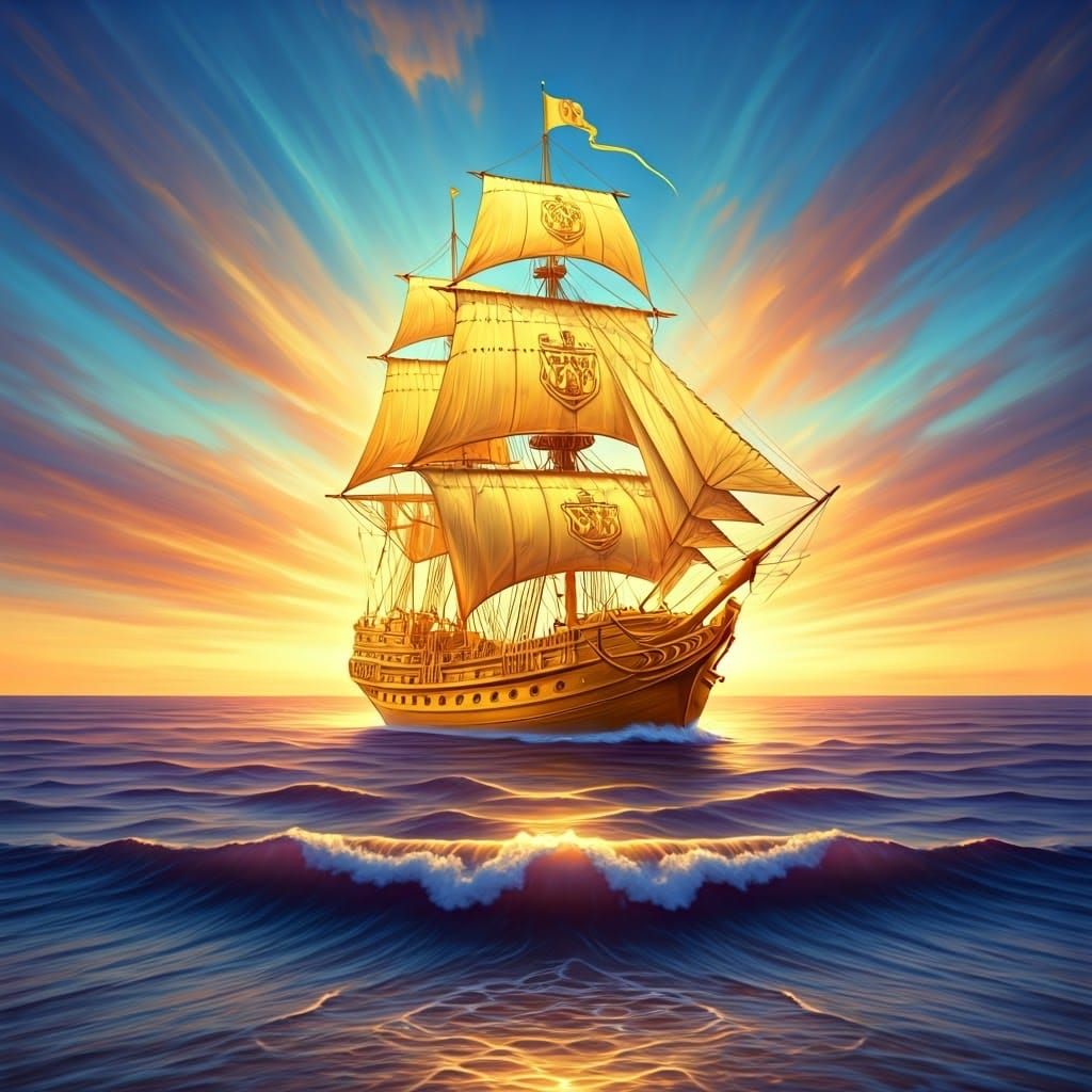 Golden Galleon Sailing Through Bioluminescent Mist