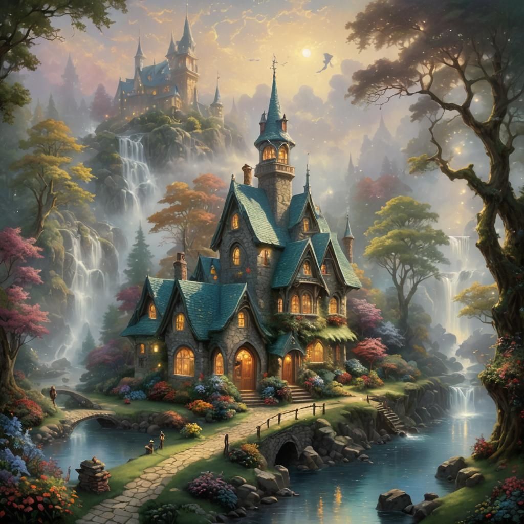 Ethereal School for Fairies in a Misty Landscape