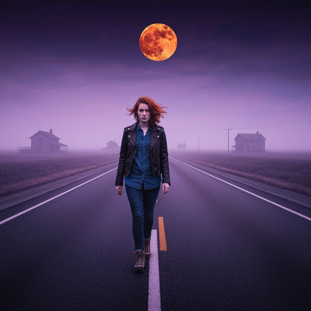 Lonely Traveler on Deserted Highway Under Blood Moon