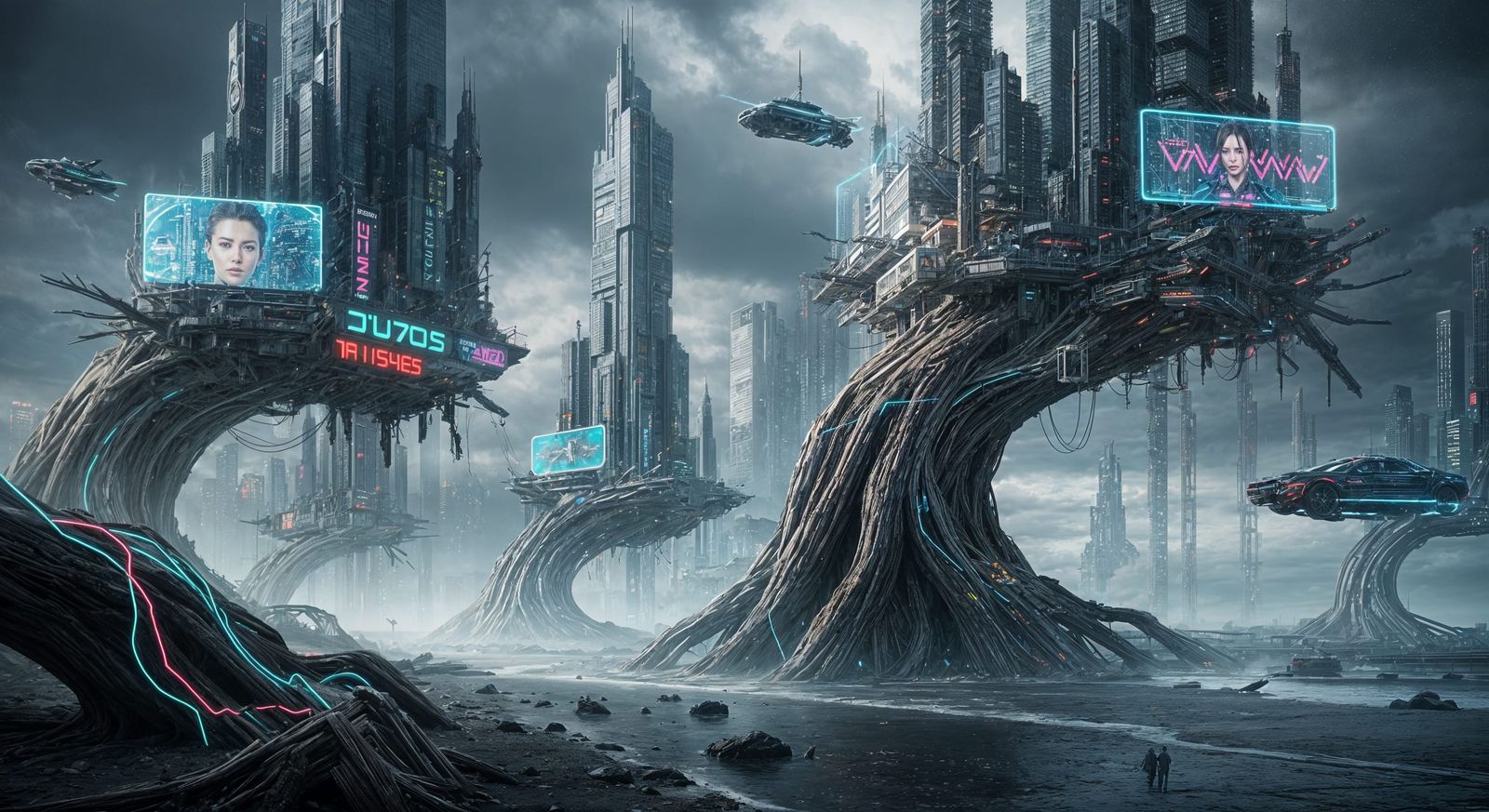 Cyberpunk Double Exposure: City Trees on Desolate Beach