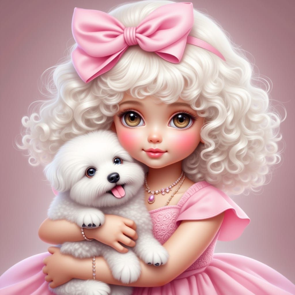 Cute Toddler with Pink Bow and Bichon Dog