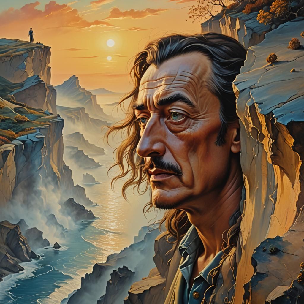 Surreal Cliffside Determination in Dreamlike Oil Painting