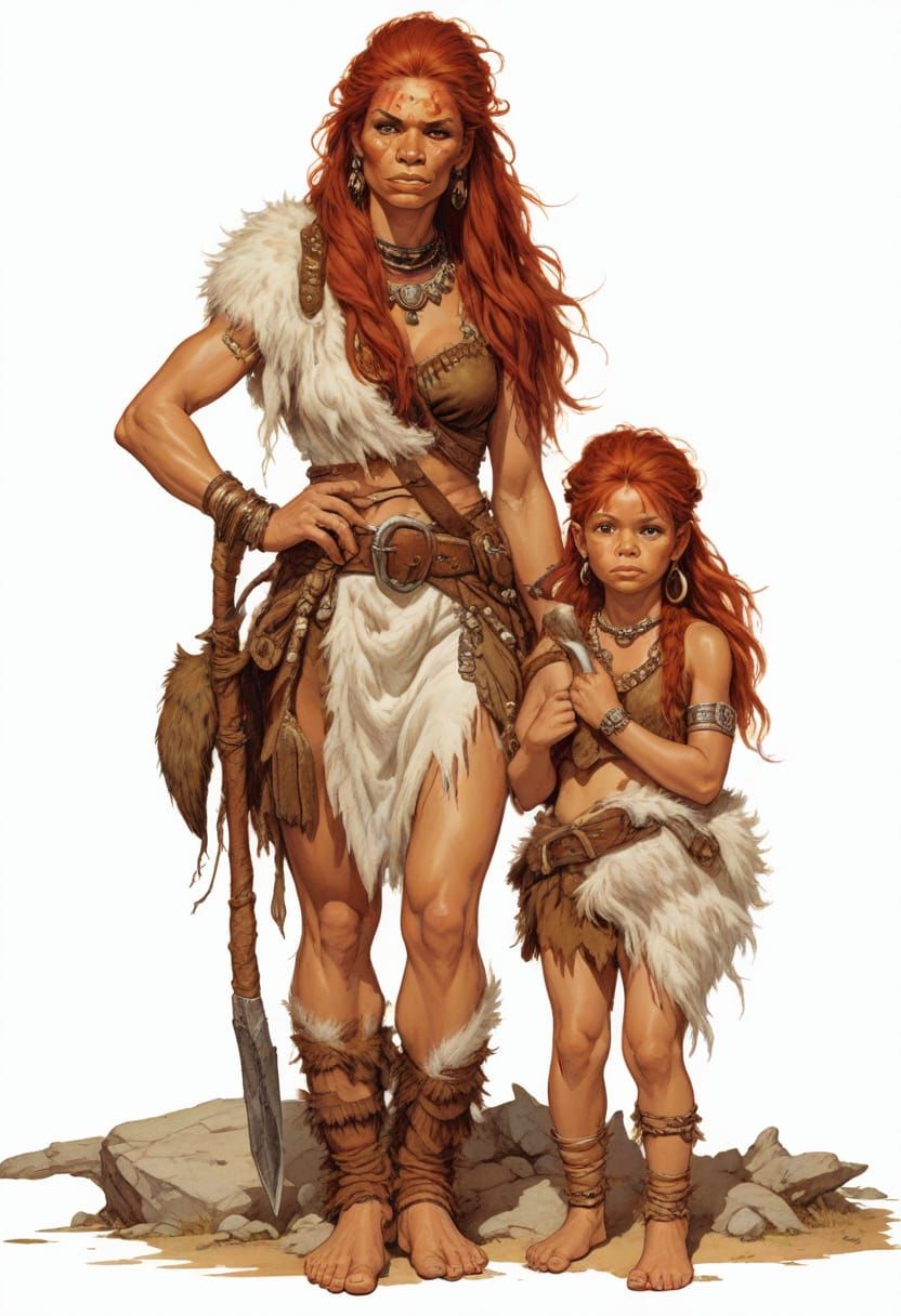 Heroic Neanderthal Mother and Child Illustration