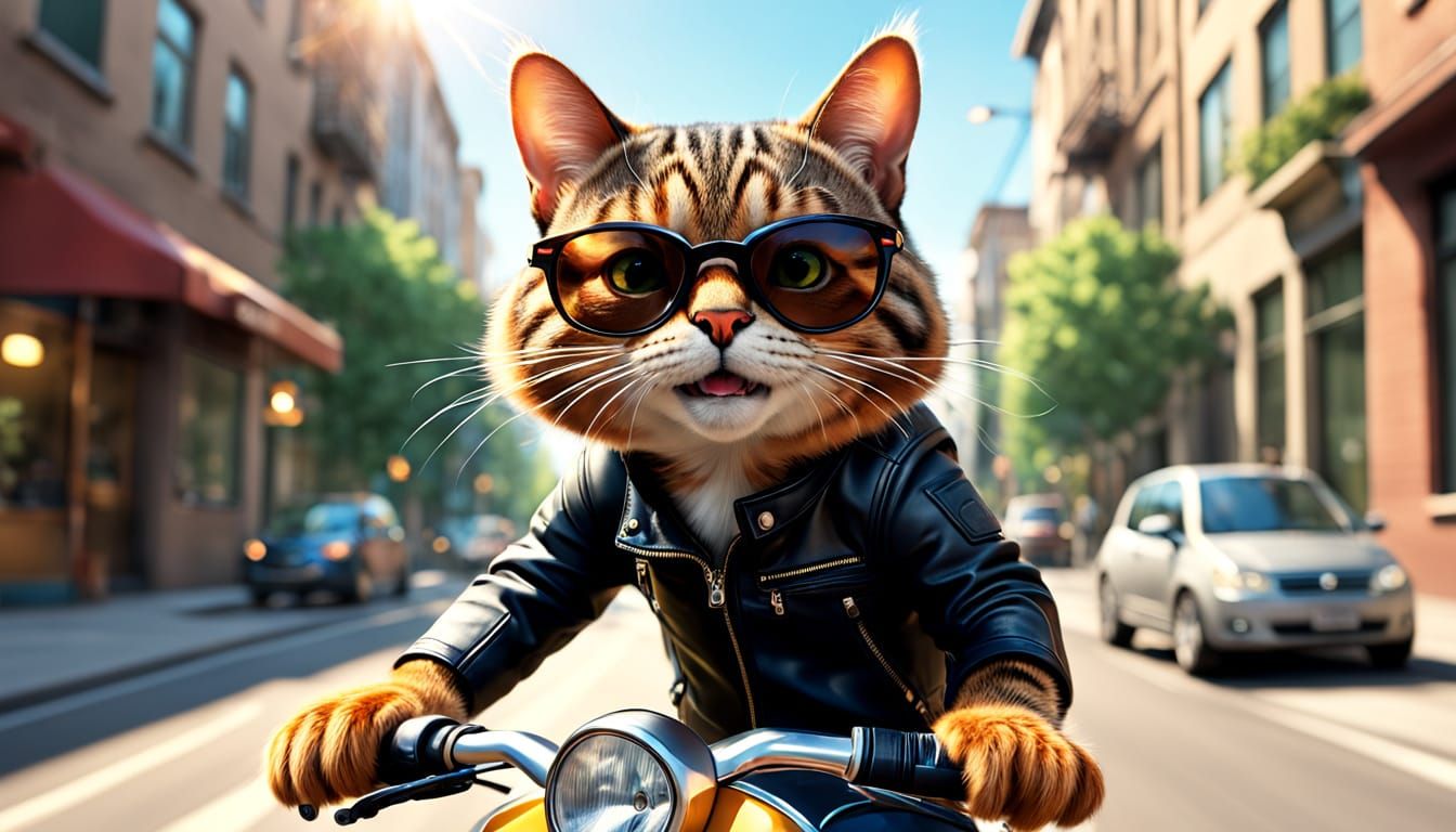 Tabby Cat Rides Scooter: Pixar-Style 3D Animation