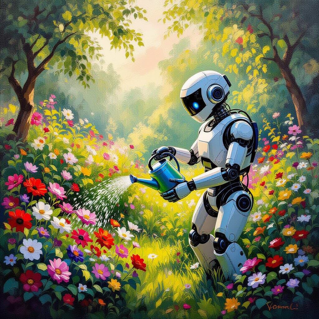 Robotic Gardener Tending Lush Flowers in Surreal Dreamscape