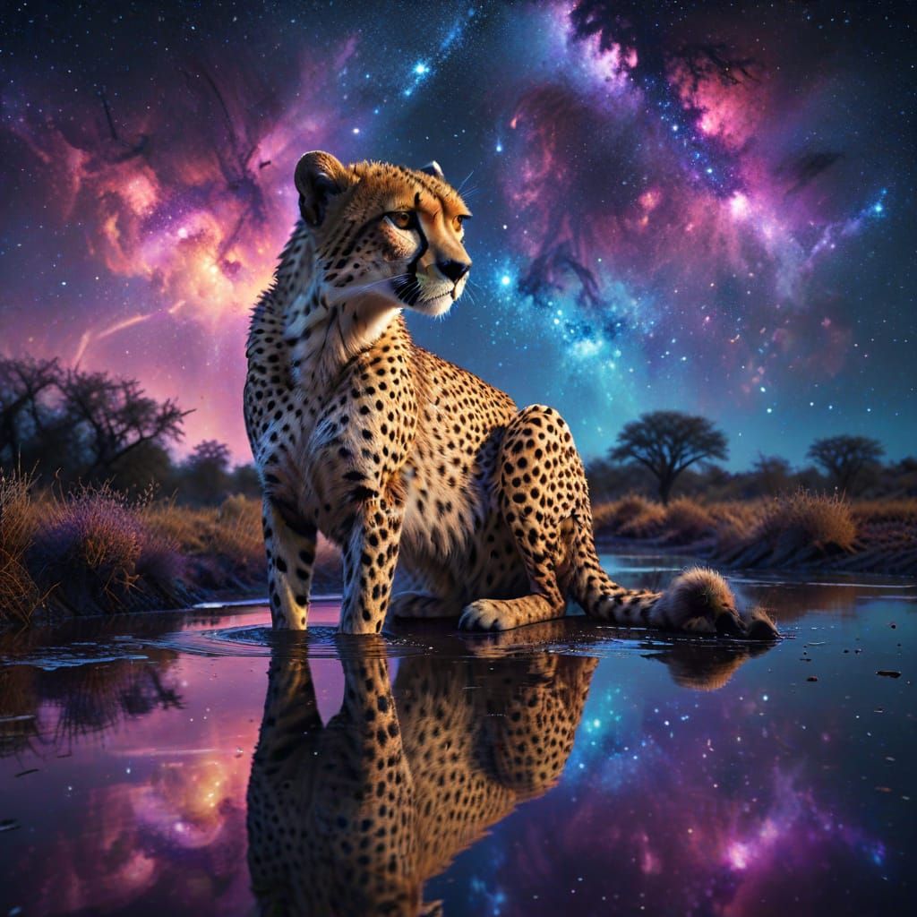 Cheetah's Reflection Under Starry Nebula Sky