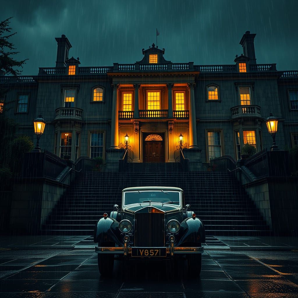 Grand Vintage Car in Regency Mansion Entrance