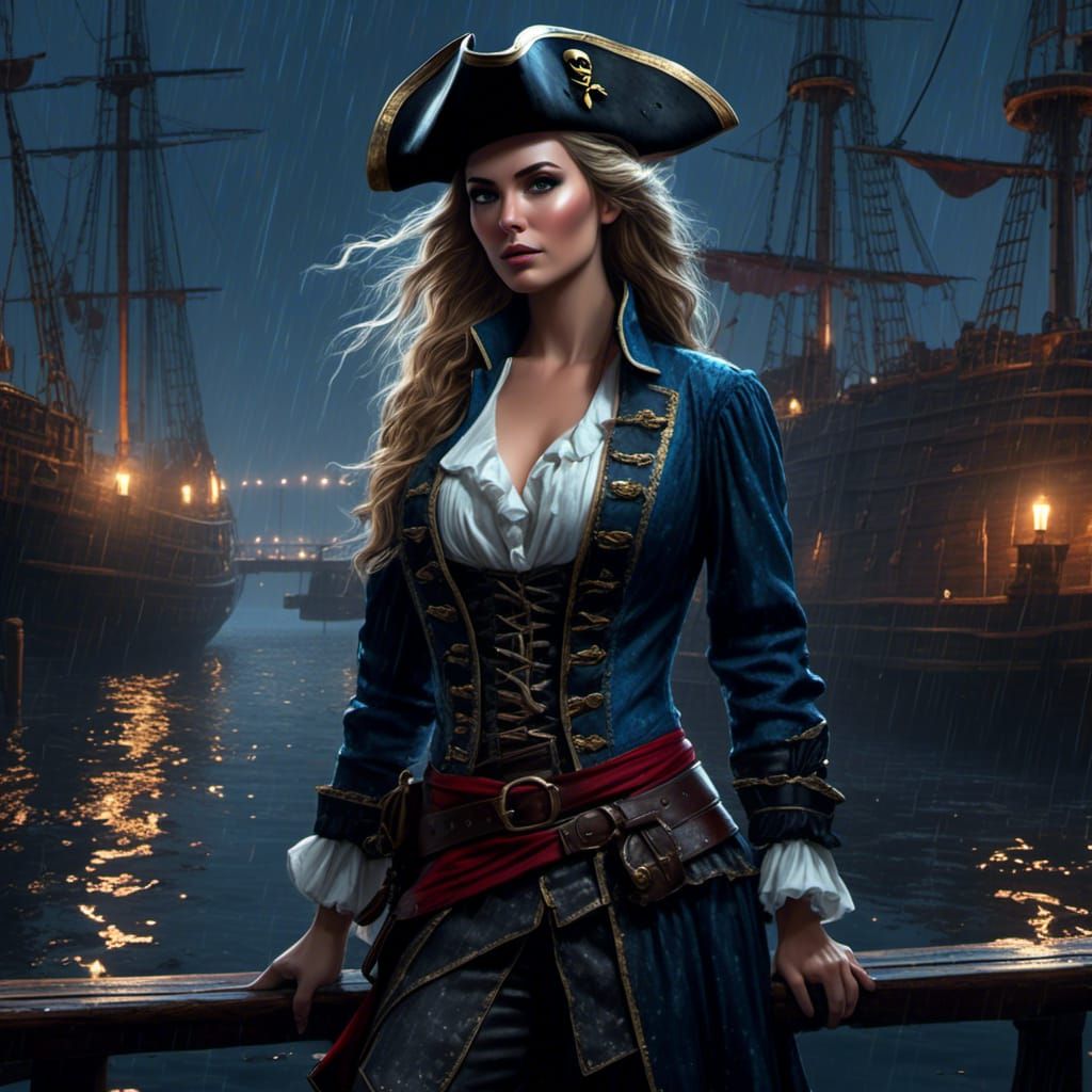 Female Pirate on Dock at Night in Pointillism Style