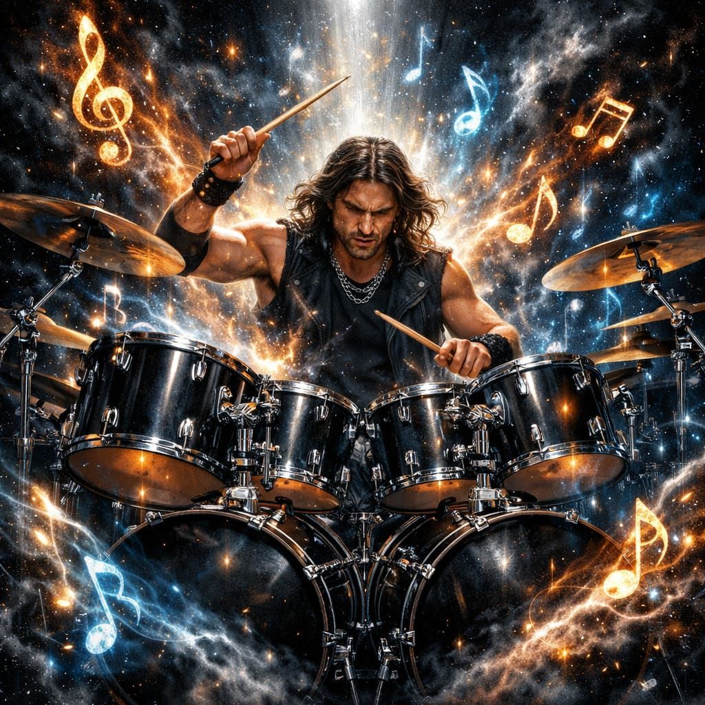 Surreal Drummer in Nebula with Glowing Musical Notes