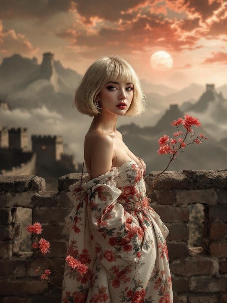 Woman on Great Wall in Classical Painting Style