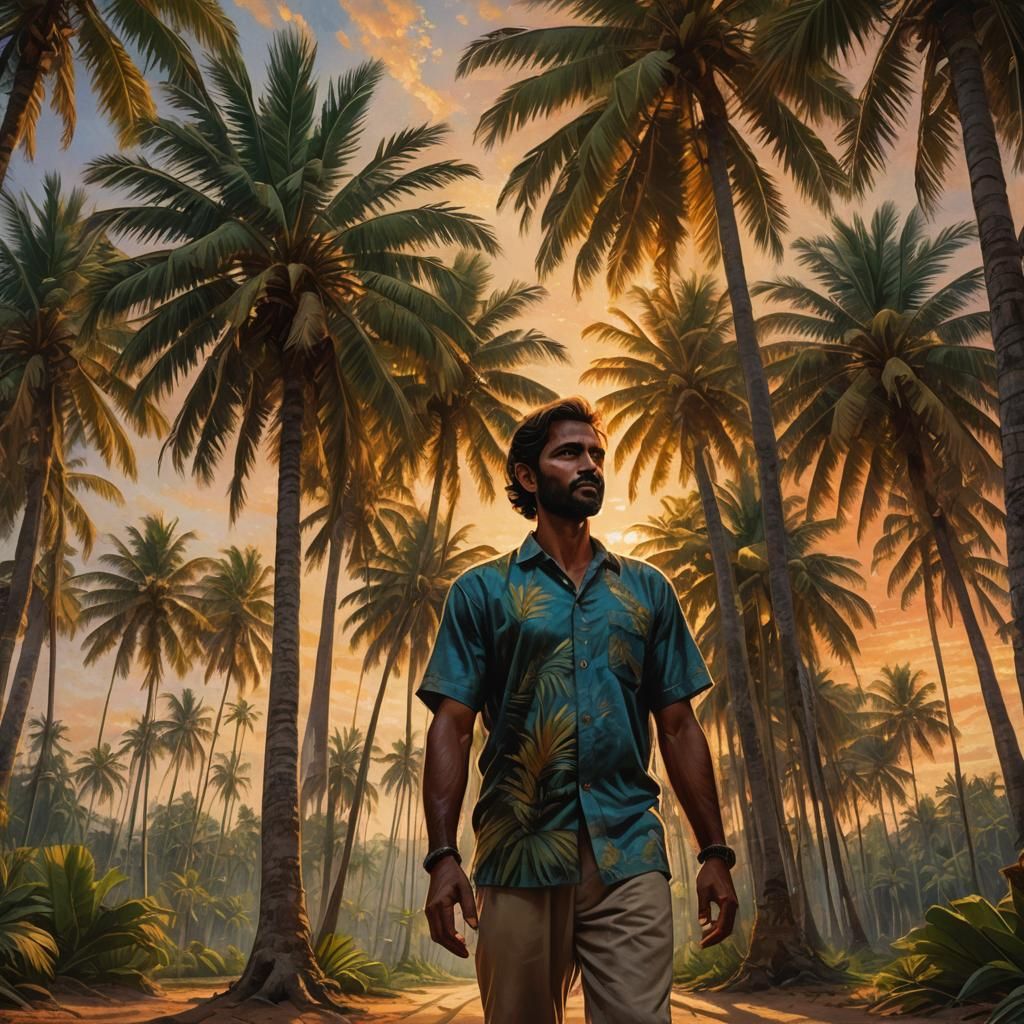 Indian Man in Sunset Palm Grove: Oil Painting