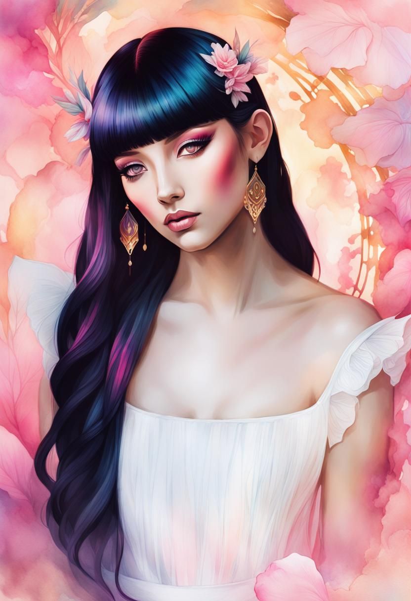 Woman with Black and Pink Hair in Watercolor Style