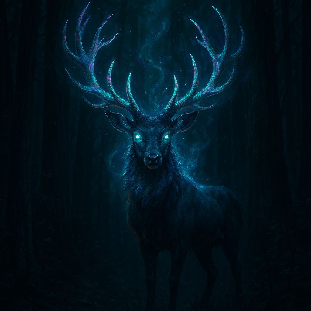 Magical Deer with Iridescent Glow in Dark Forest