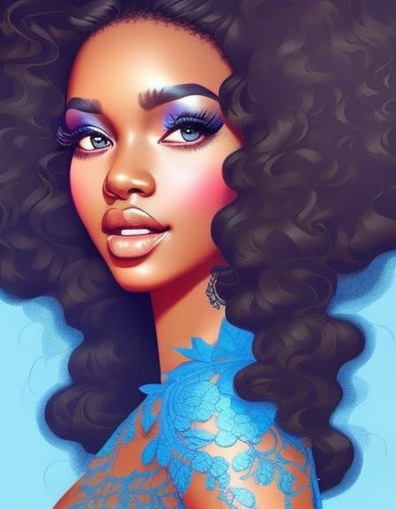 Melanin Woman with Blue Hair Portrait