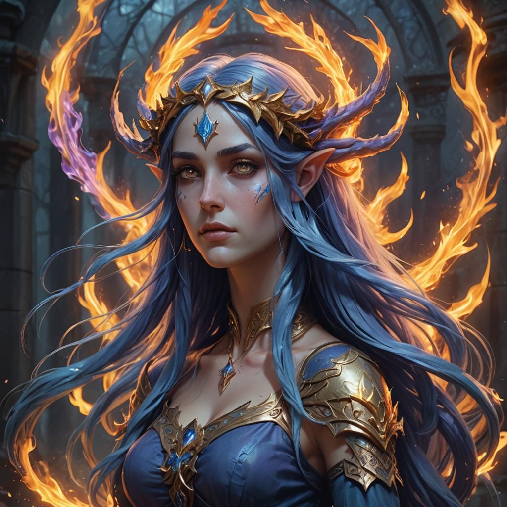 Blue-Haired Elf with Flaming Bow: Dark Fantasy Art