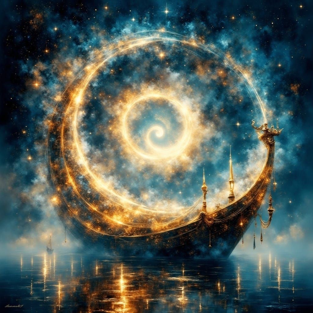 Ethereal Boat Amidst Celestial Vortex in Dreamlike Style