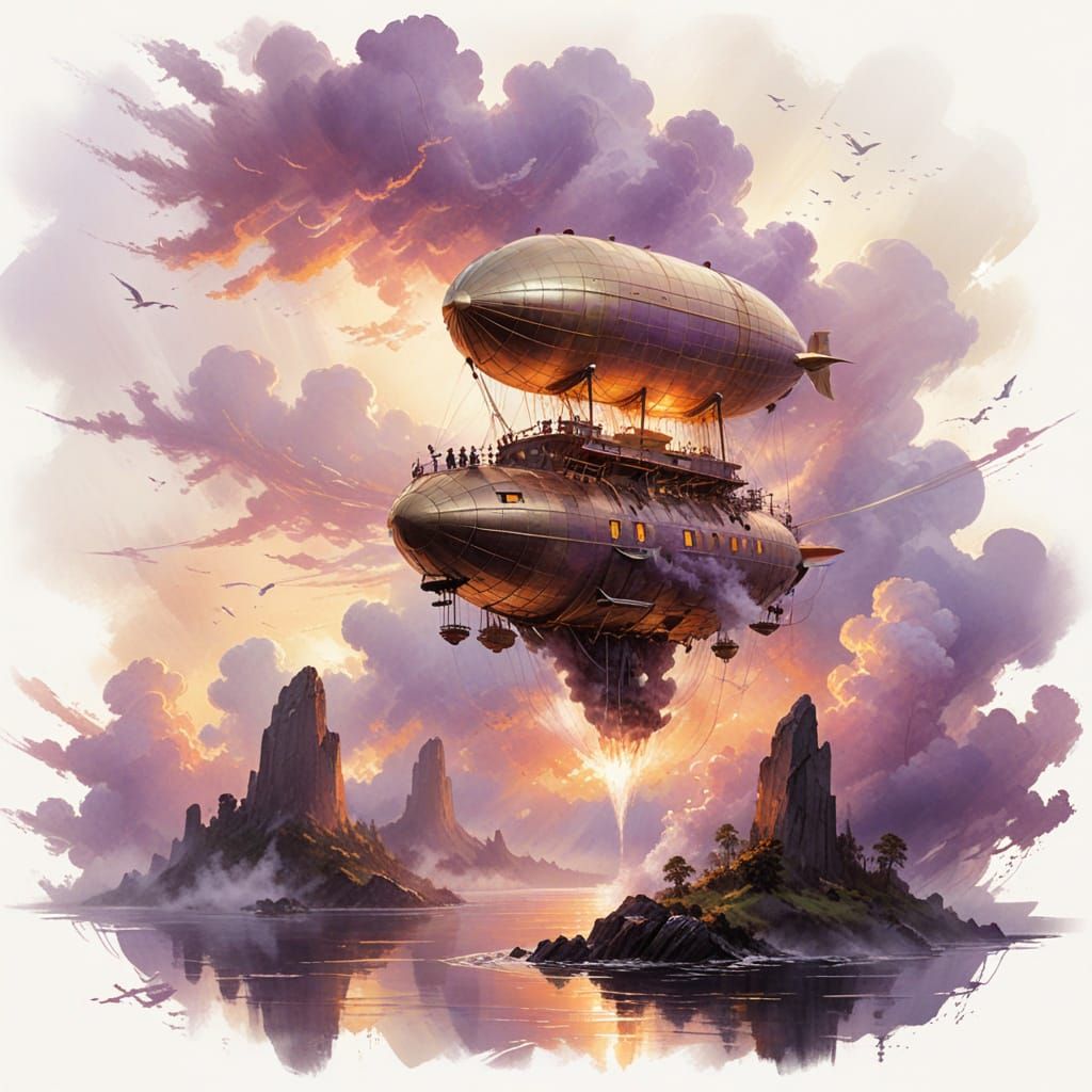 Brass Airship Over Floating Islets in Mauve Clouds