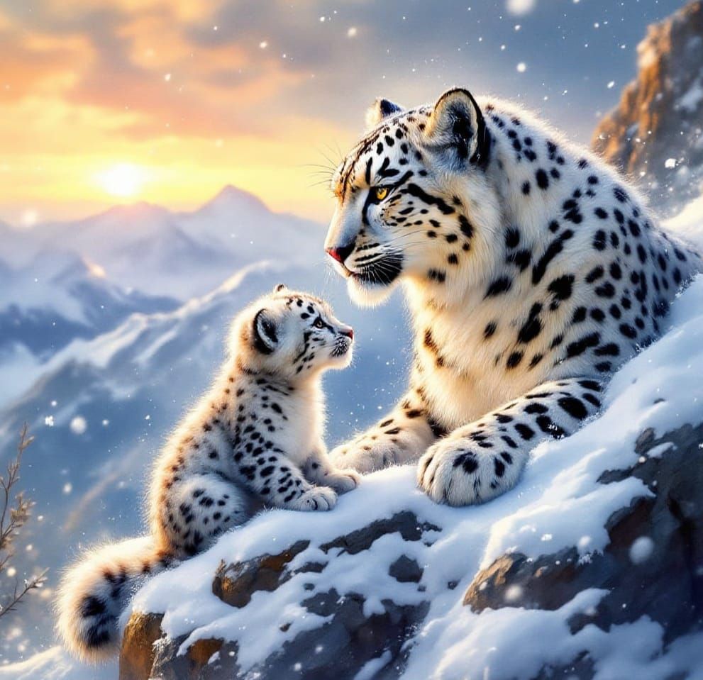 Regal Snow Leopard Mother with Adorable Cub in Warm Sunrise ...