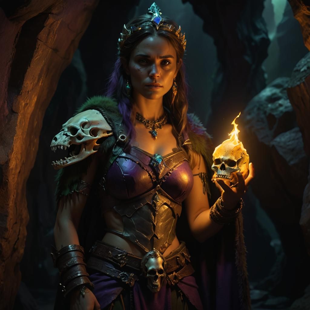 Barbarian Princess with Skull Lamp in Dark Cave