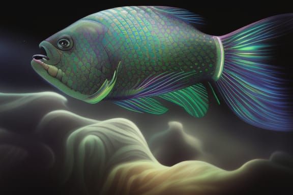 Telescope Fish in Deep Twilight Seascape