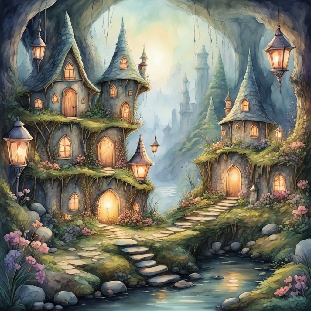 Mystical Fairy Village in Watercolor Style