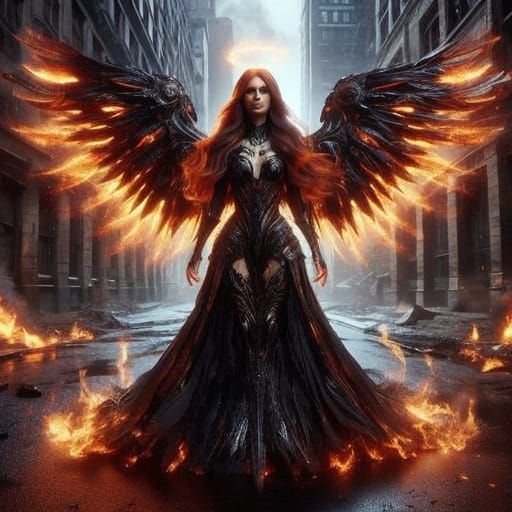 Dark Angel Woman in Post-Apocalyptic City