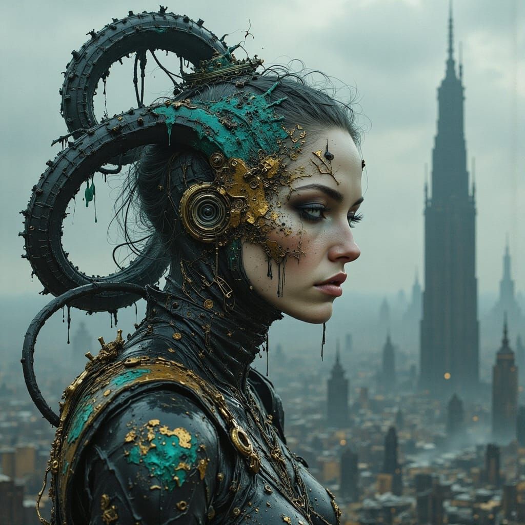 Cyborg Woman with Octopus Hair in Cyberpunk Cityscape