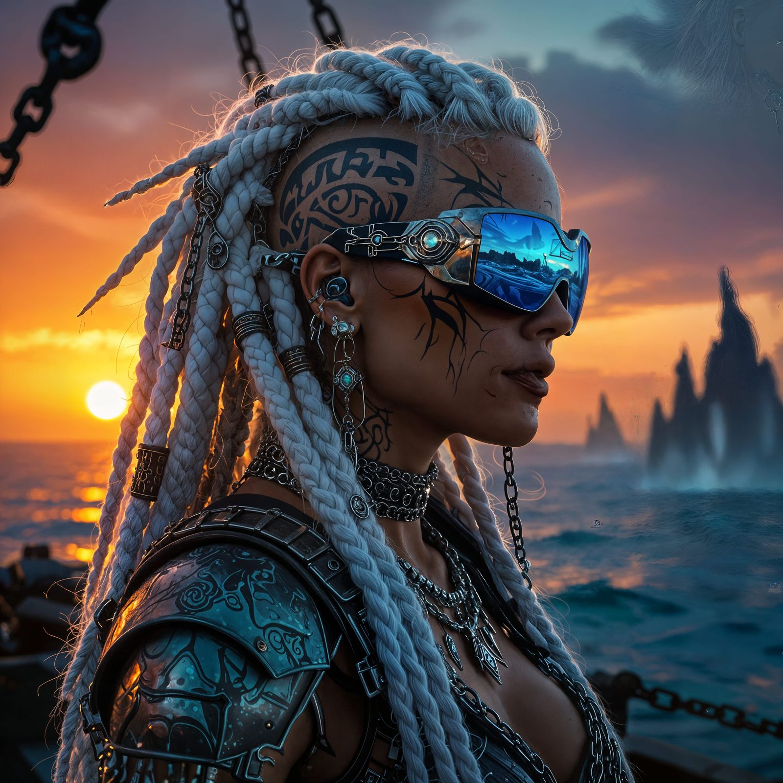 Pirate Queen with Cybernetic Earpiece in 80s Style