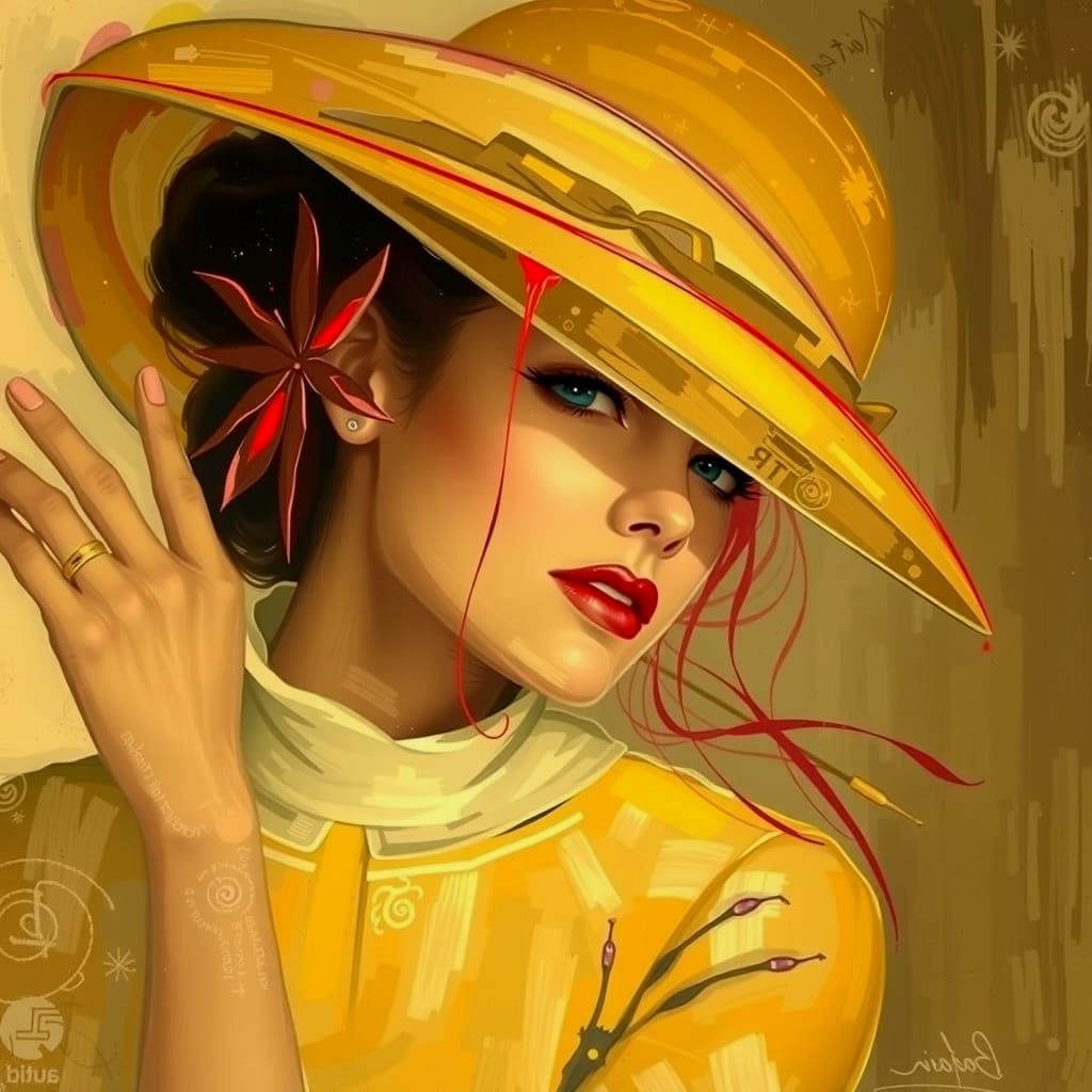 Black and White Portrait of Woman with Crimson Streak and Ar...