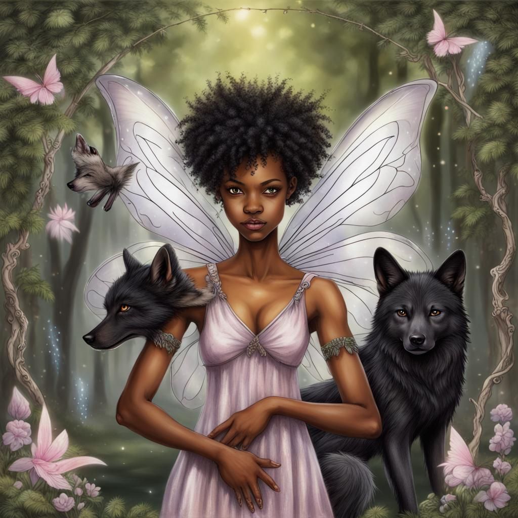 Magical Pixie with Fairy Wings and Wolf Magic